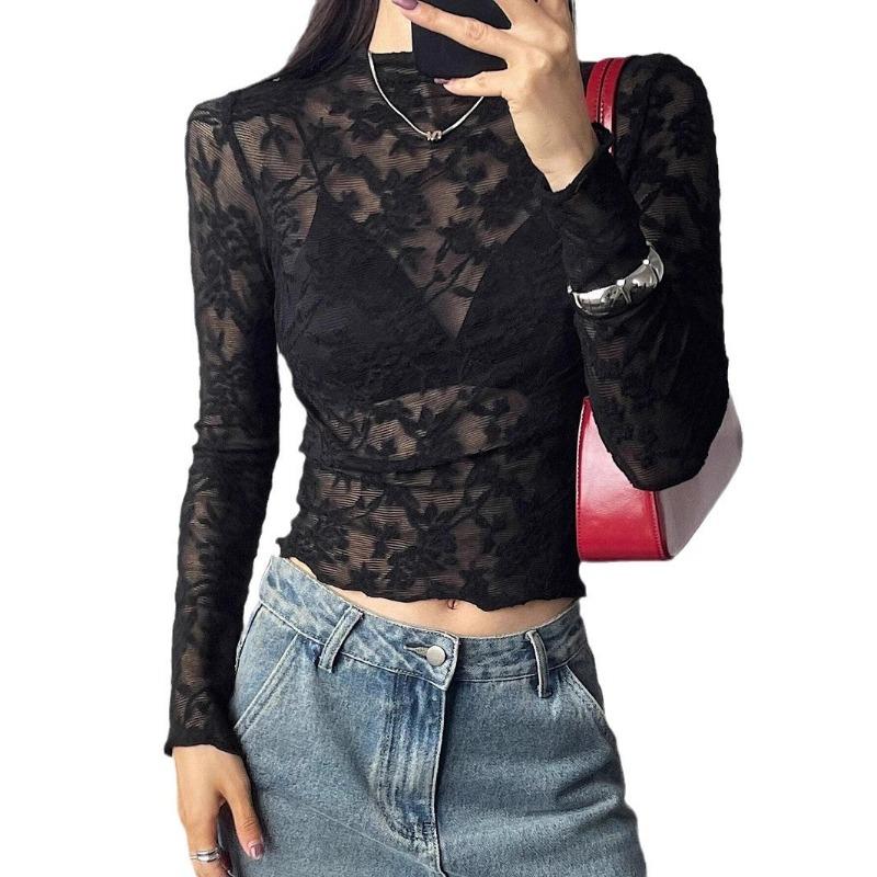 New Women's Small Stand-up Collar Transparent Lace Tight Long-sleeved T-shirt Tops for Women
