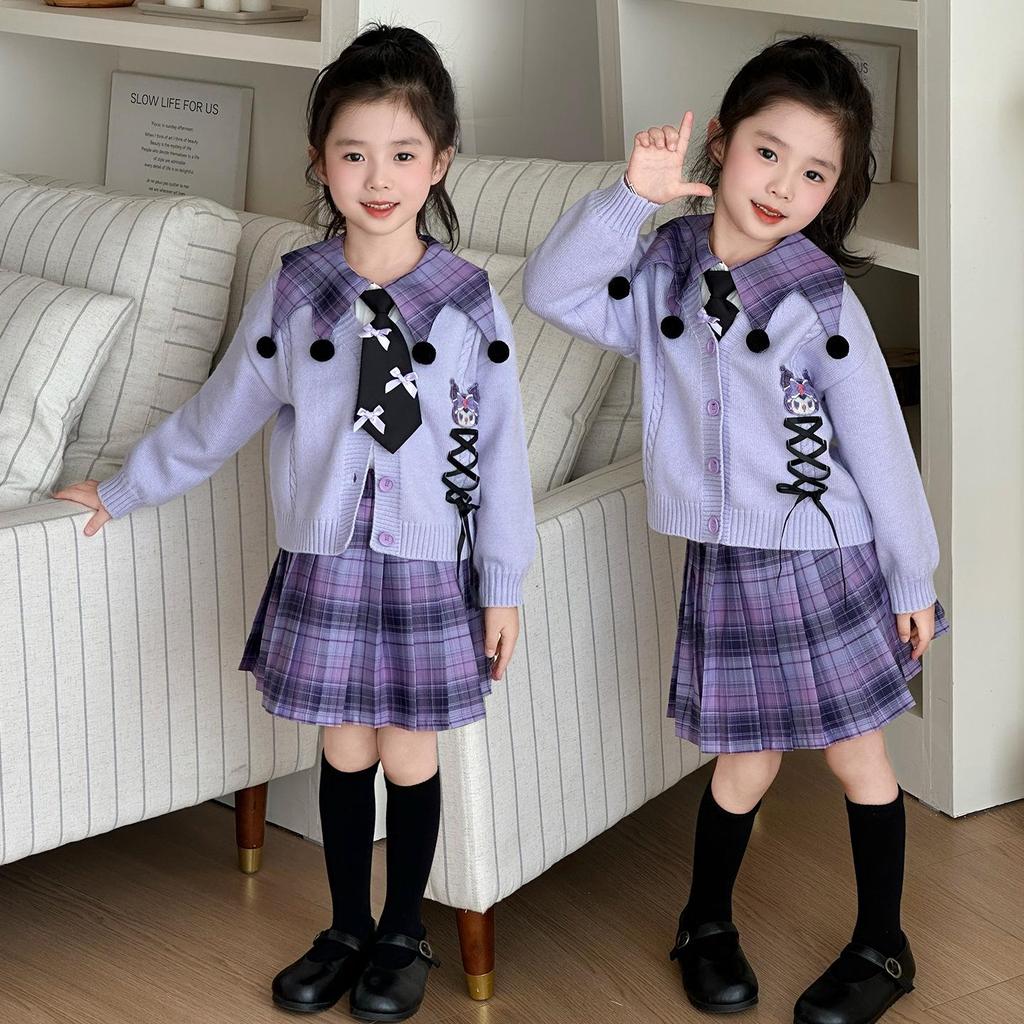 Kuromi School Style Girls' Cosplay Outfit: Sweater, Shirt, Plaid Skirt - Three-Piece Set for Spring/Autumn Performance.