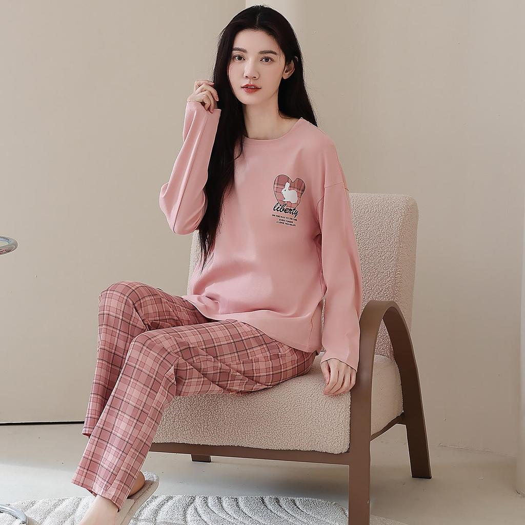 Ensemble de Pyjama pour Femme 100% Coton – Respirant, Absorbant la Sueur, Manches Longues Col Rond pour Porter à l'Intérieur et à l'Extérieur (Automne hiver)