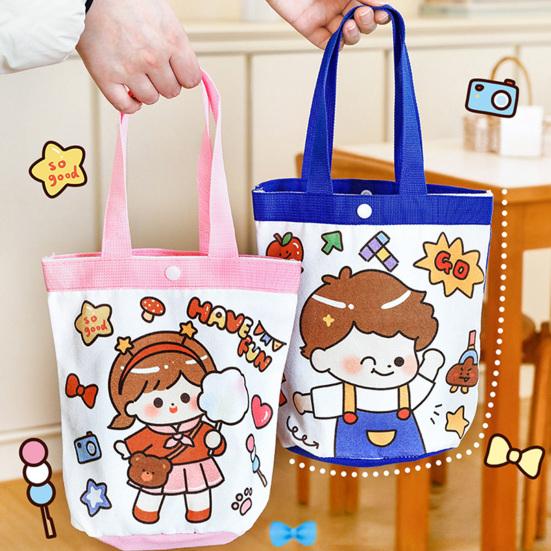 Kinder Leinwandtasche Süßes Cartoon Mädchen Junge Muster Tragetasche Rosa Blaue Kante Wiederverwendbare Tragetasche für Kinder Schulausflug Picknick Einkaufen