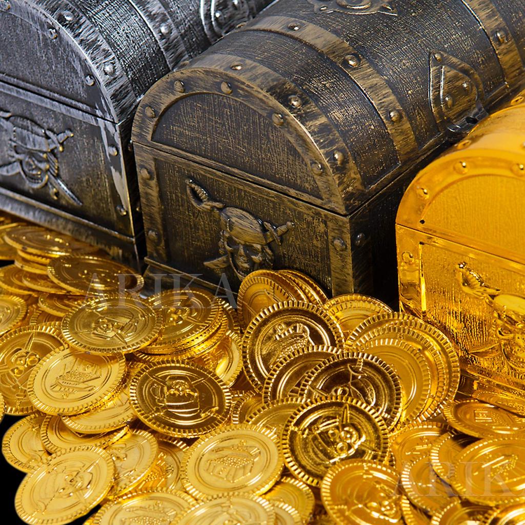 ARIKA Treasure Chest Toy Box Pirate Gold Coins Treasure Set of 100 (Antique)
