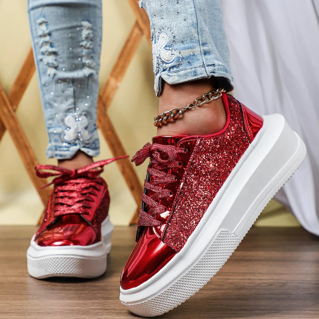 Damen Plateauschuhe Mode Pailletten klobige Schuhe PU-Leder Freizeit-Sneaker runde Zehenpartie Laufschuhe Tägliche vielseitige Schuhe