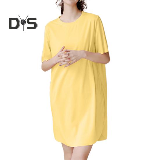 Lady Summer Dress Round Neck Loose Solid Color Short Sleeves Ice Silk Casual Clothes Homewear Pajamas Knee Length Nightdress