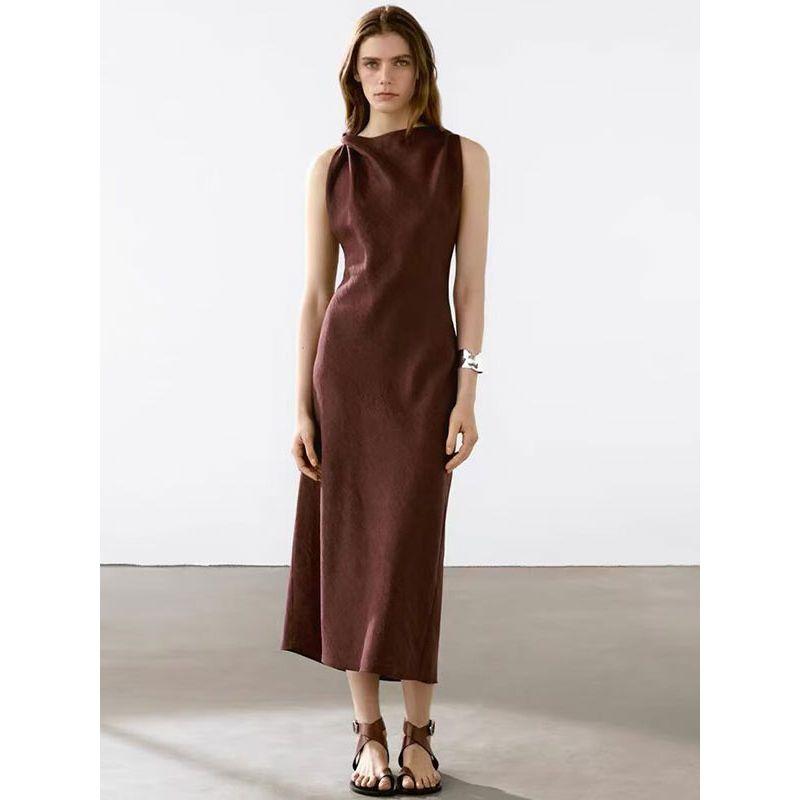 MD Women clothes French style High-Grade Minimalist Style Linen Long dress Neckline Design Sleeveless Dress 06640587717