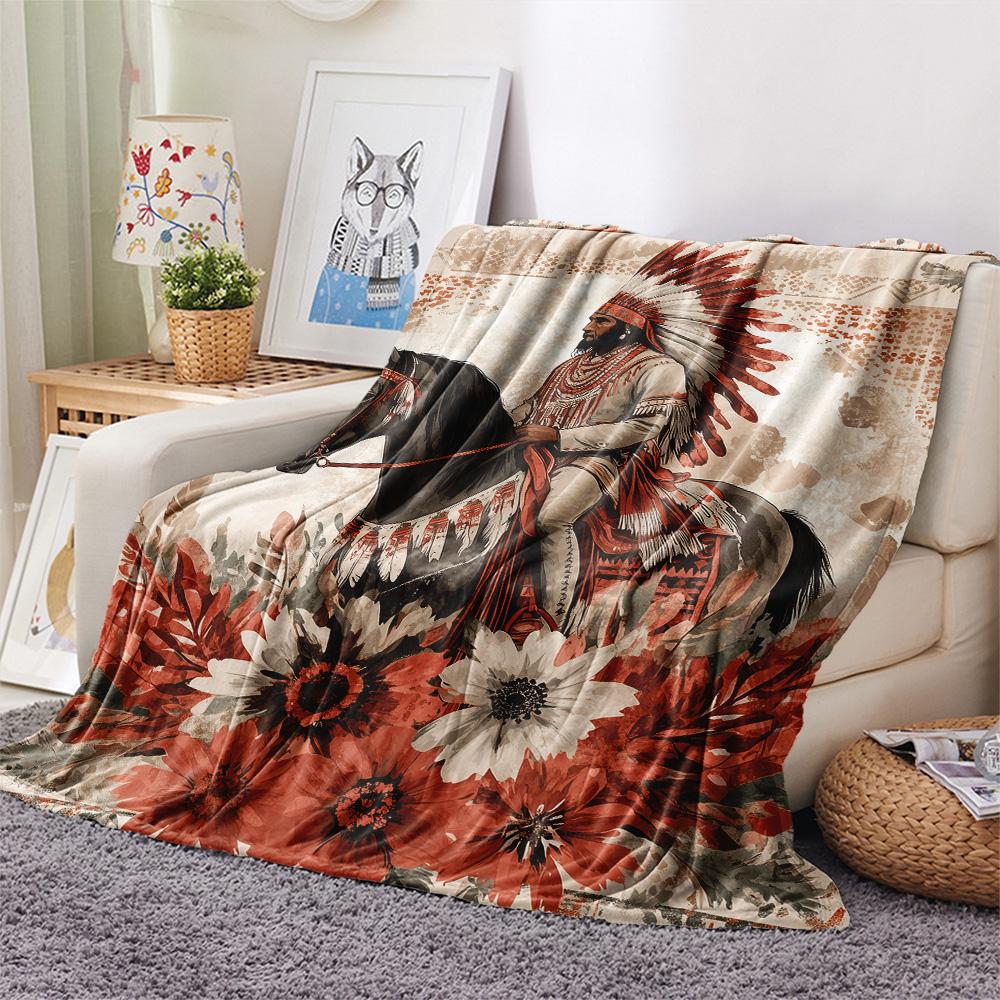 Native Americans and Animals  Print Flannel Blanket, High Quality Comfortable for All Seasons, Home Decor, Warmth and Comfort