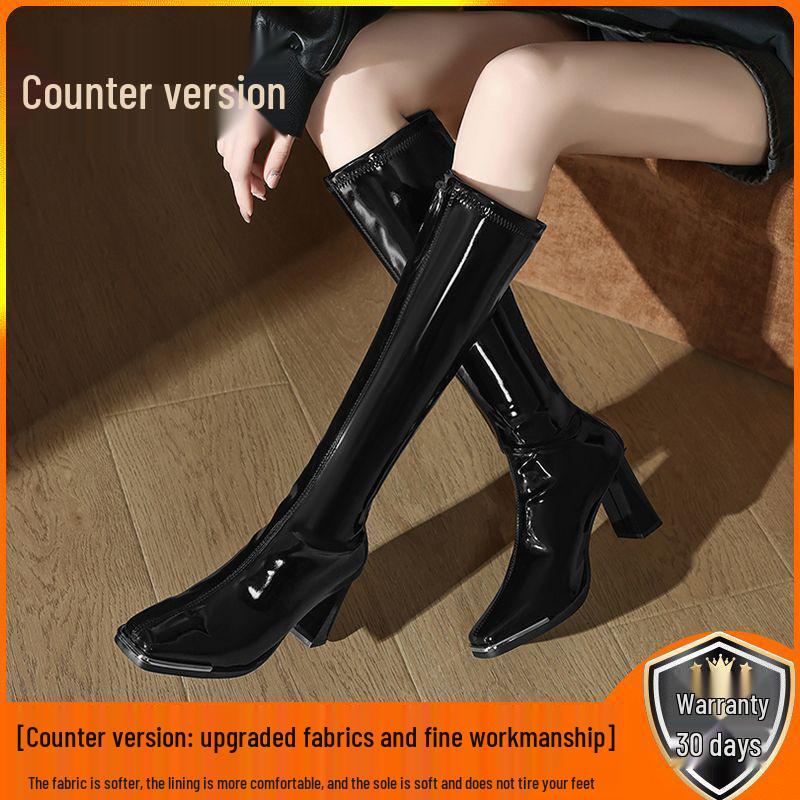 Women's Red Patent Leather Chunky Heel Boots - Autumn/Winter 2025 Collection, Metal Anti-Collision Square Toe, Elastic, Sexy Long Design.