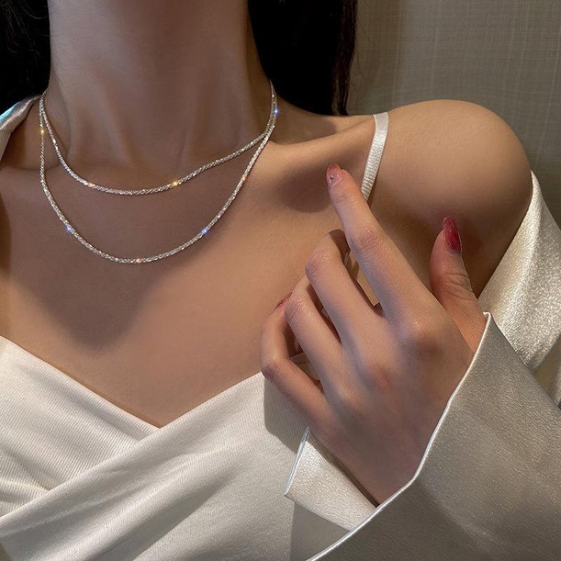 

Women Double Layer Sparkle Textured Chain Minimalist Daily Wear Clavicle Necklace 1pcs серебряный