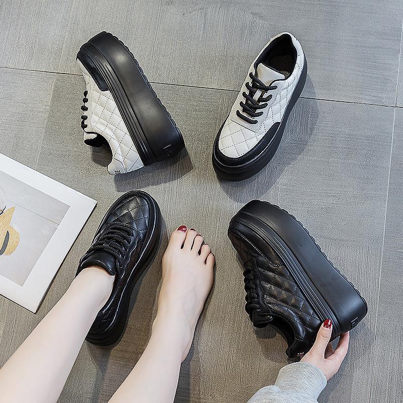 Fashion 8cm New Genuine Leather Sewing Women Platform Women Vulcanized Shoes Hidden Heels Spring Autumn Ladies Chunky Sneakers Fashion