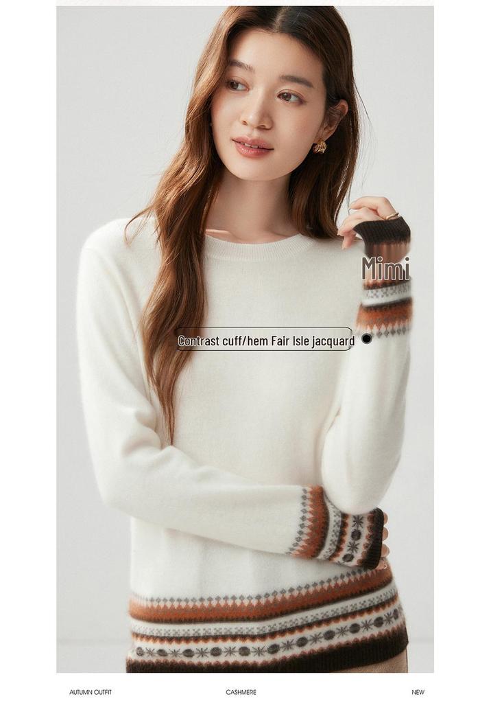 Women's Color Block Fair Isle Cashmere Sweater: Autumn/Winter 2026 Round Neck Versatile Pullover