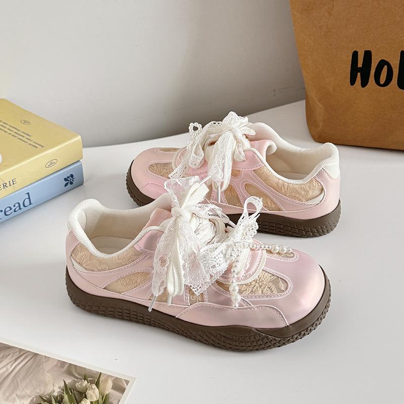Fashion 2015 lace imitation pearl round head German training shoes, bow pink little white shoes breathable non-slip board shoes BE-6863