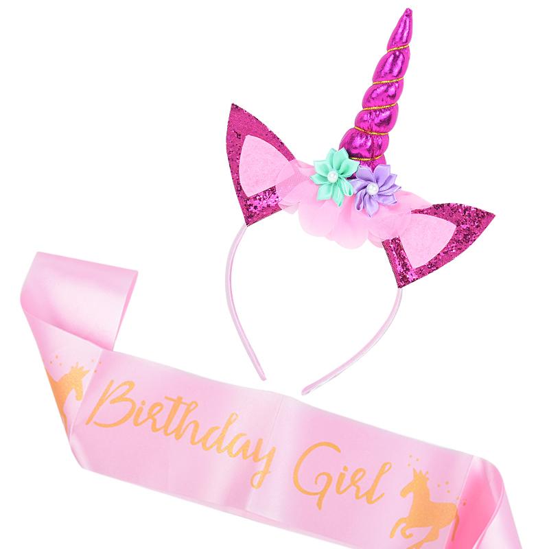 Unicorn Horn Headband Birthday Girl Sash Satin for Girl 1st Birthday Party Decoration Unicorn Theme Party Hair Band Baby Shower