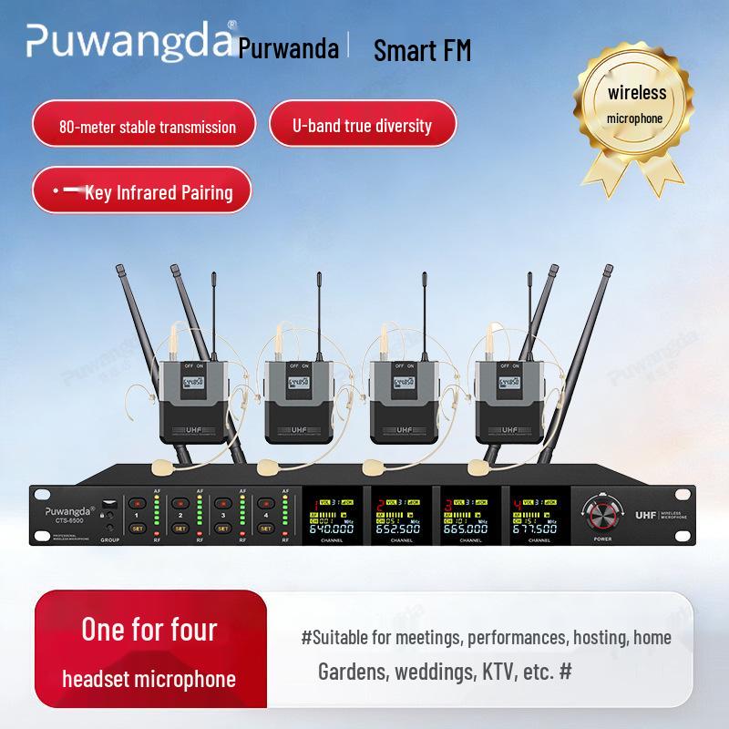 UHF Wireless Gooseneck Headset Microphone - 1-to-4 Infrared Frequency Matching for Conferences & Training Rooms