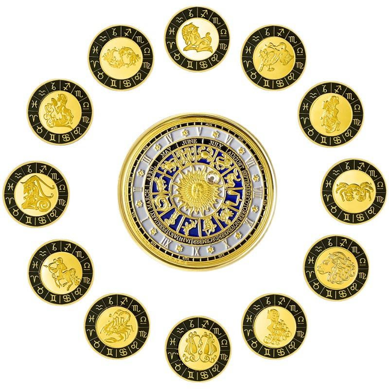 Diamonds, zodiac signs, creative coins, gifts for girls, complete set, vintage style, gold-plated coins, gifts, creativity, collectibles