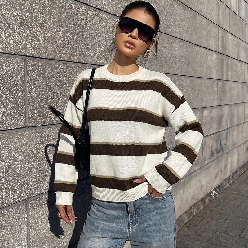 Europe, America 2026 Autumn and Winter New American Retro Style Knitted Sweater Loose Shoulder Long Sleeve Crew Neck Striped Sweater