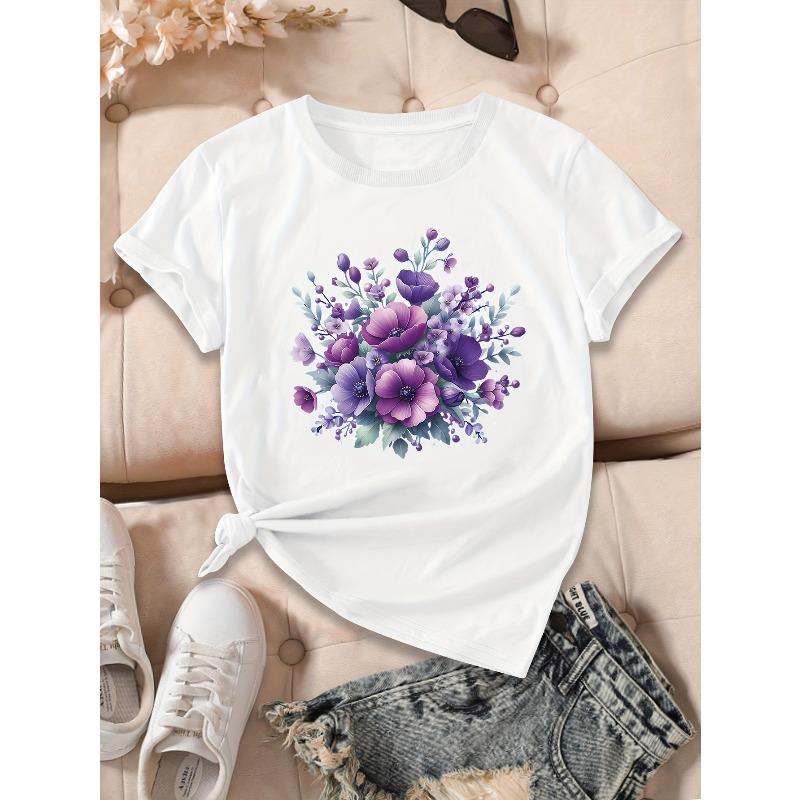 Europäische Größen Damen Hellgelbes Blumenprint-T-Shirt - Atmungsaktives Sommer-Freizeit-Kurzarm-Oberteil mit Rundhalsausschnitt und Lila-Blau-Blumendesign