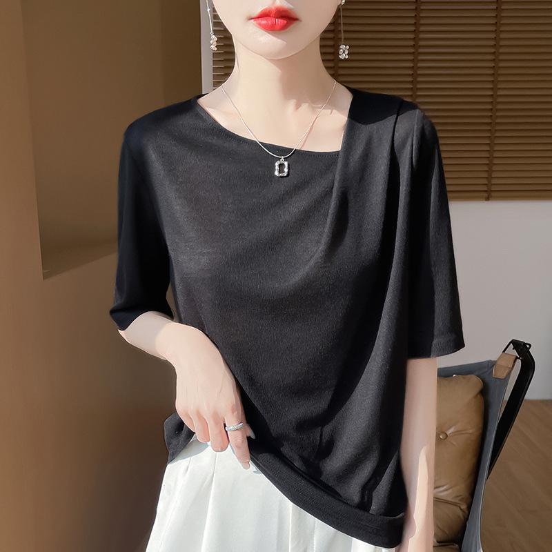 Women's Soft Tencel Round Neck Pullover: Short Sleeve, Pleated Top