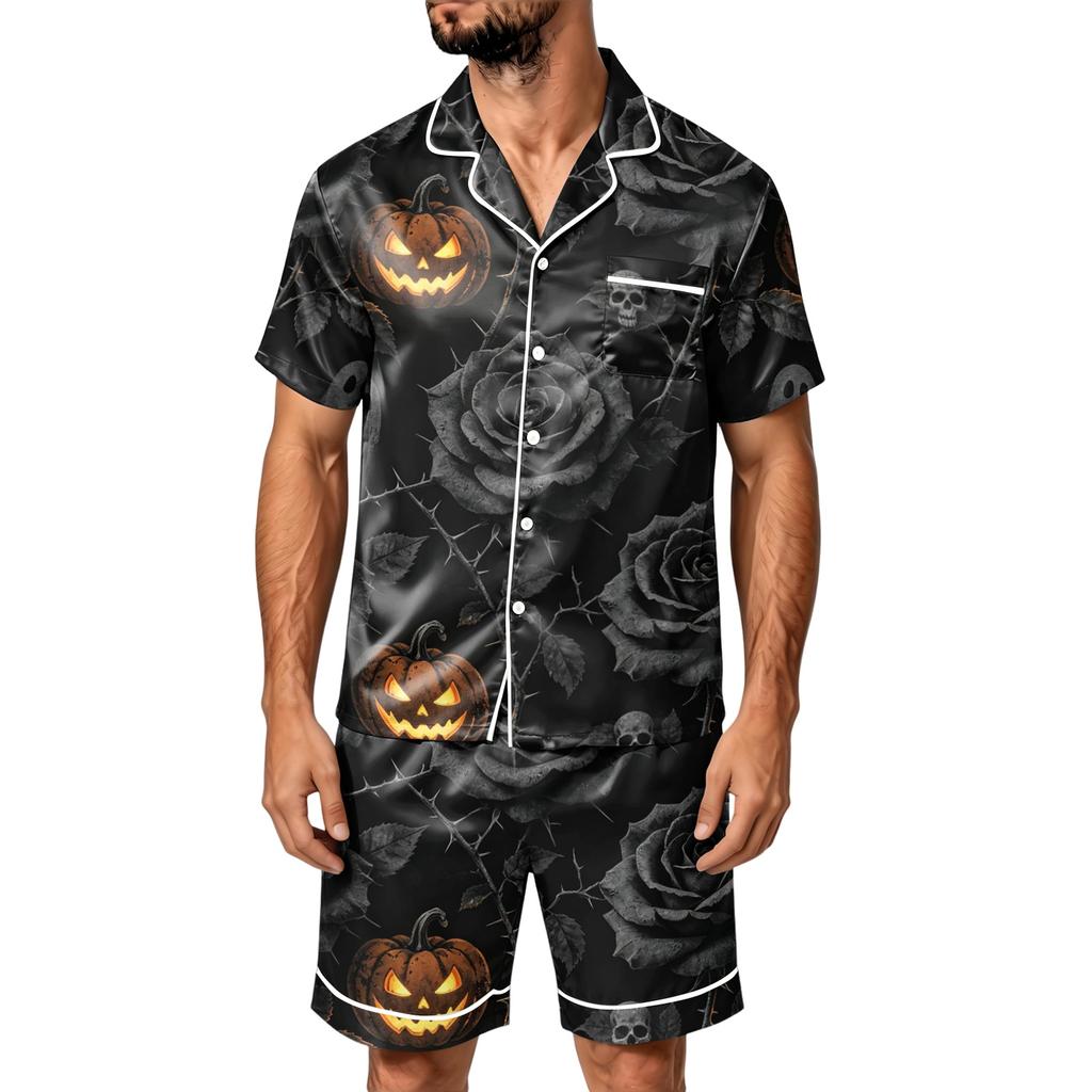 Men's Halloween Pajama Set Short Sleeve Striped Plaid Print Satin Two Piece with Pockets Loose Fit Sleepwear