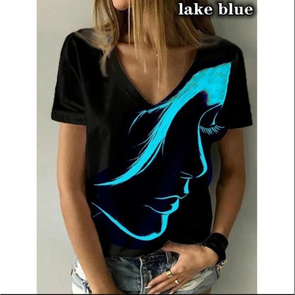 

Summer Women s T-shirt Fashion V-neck Top Abstract Portrait Painted T-shirt XL
