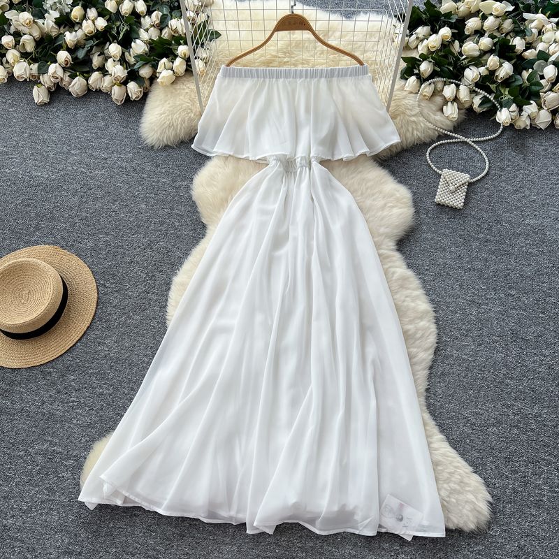 

off-Shoulder Frill Patchwork Waist Hugging Dress Women Summer French style Slimming Temperament Immortal Chiffon Vacation Long dress White L