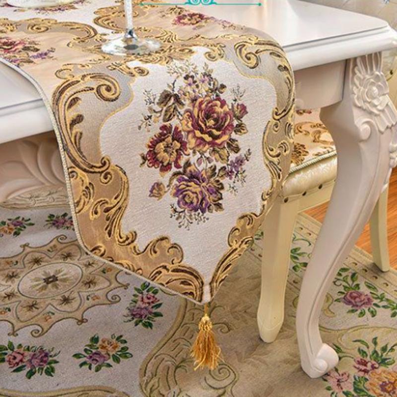 Modern Embroidered Floral Table Runner Luxury European Table Flags Decor for Dining Table Shoe Cabinet with Tassels Tablecloth