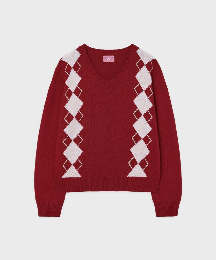 SINOON Sn Twin Argyle V-Neck Knit (Red)