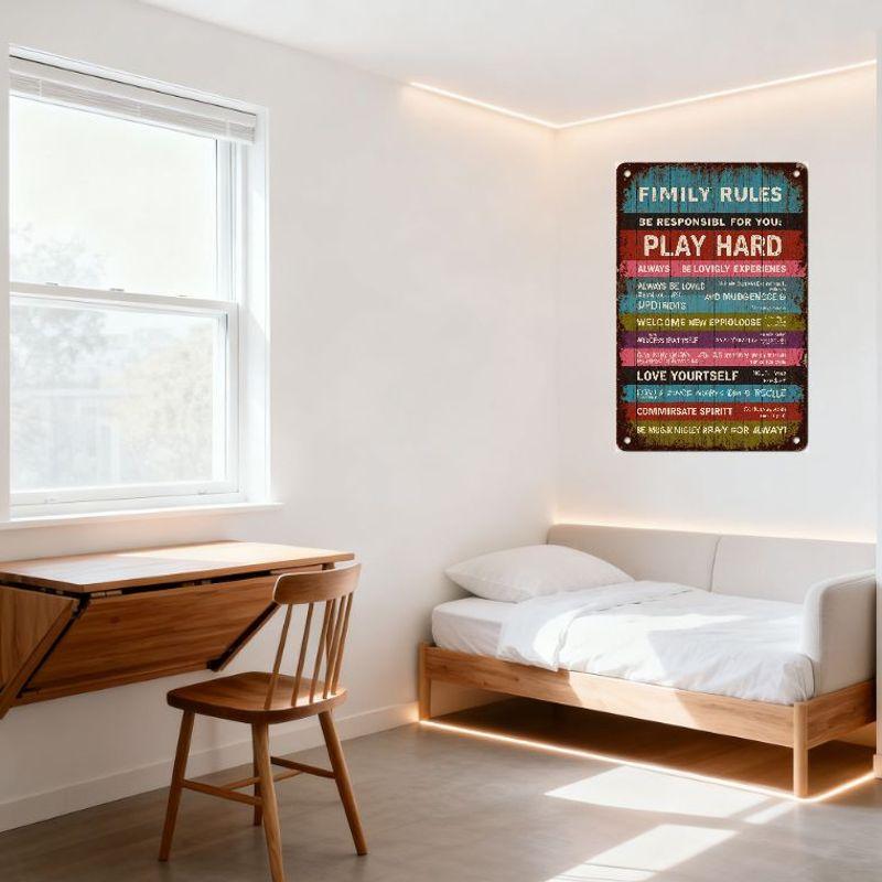 Vintage Distressed Family Rules Metal Sign with Wooden Plank Background - Retro Rustic Wall Decor for Home Cafe Bar, Mixed Color