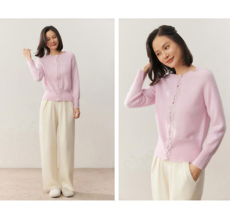 Women's Autumn Cashmere Round Neck Lace Knit Cardigan Sweater - Korean Style, Solid Color, Outerwear Option