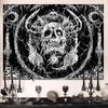 Gothic Skull Tapestry Wall Hanging, Trippy Bedroom Headboard Decor, Black White Boho Home Art