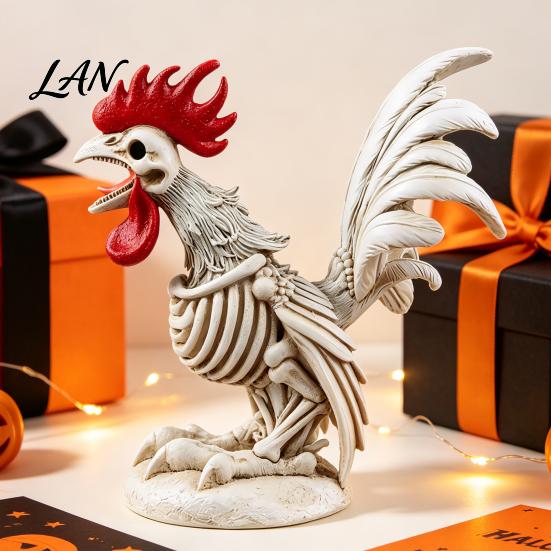 Spooky Gothic Home Ornament Halloween Skeleton Rooster, Lifelike Chicken Decoration, Animal Festival Gift for Collectors Bone Statue Desktop