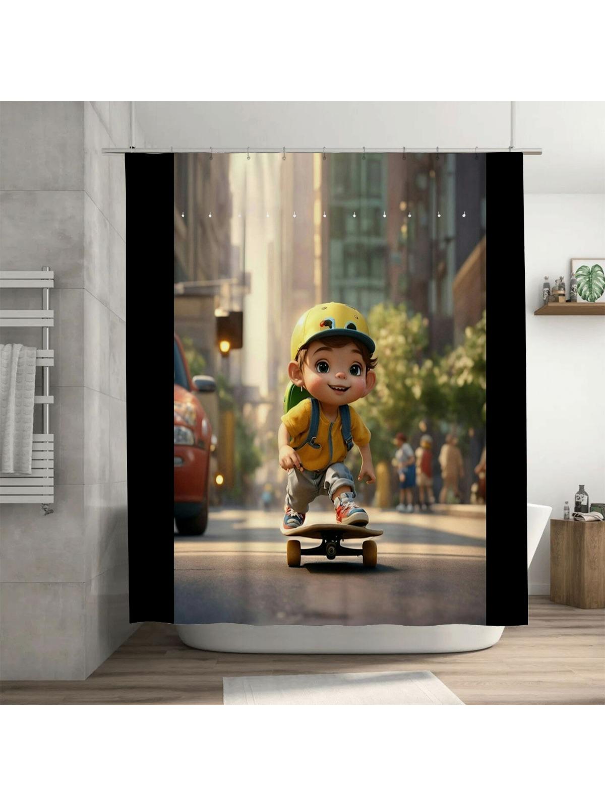 

Skateboarding Boy Shower Curtain | Fun And Modern Bathroom Decor W60H190(CM)-1 Pcs