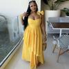 In Stock, European and American Women's Clothing Spring and Summer New Bow Suspender V-neck Ruffle Edge Long Dress Dress