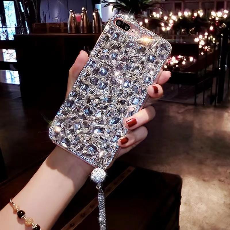 Luxusní 3D módní bling kamínky drahokamy diamanty měkké pouzdro na telefon pro iPhone 16 15 14 13 XS XR 11 Pro Max 12 MiNi třpytivé třásně závěsné ozdoby