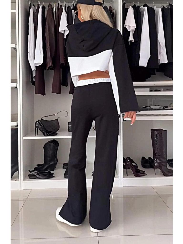 Nowy Modny Damski Zestaw Bluza z Kapturem Color Block i Długie Spodnie ze Sznurkiem