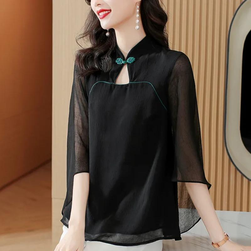 Новый Китайский Стиль Этнический Стиль Улучшенное Ципао Пятирукавный Шифоновый Топ Женская Летняя Новая Маленькая Рубашка Танцевальная M чёрный
