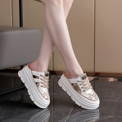 Breathable Outer Slippers Women's Shoes 2025 Summer Hollow Thick Sole Inner Height Increase Woven Casual Shoes Fashion Sandals 709