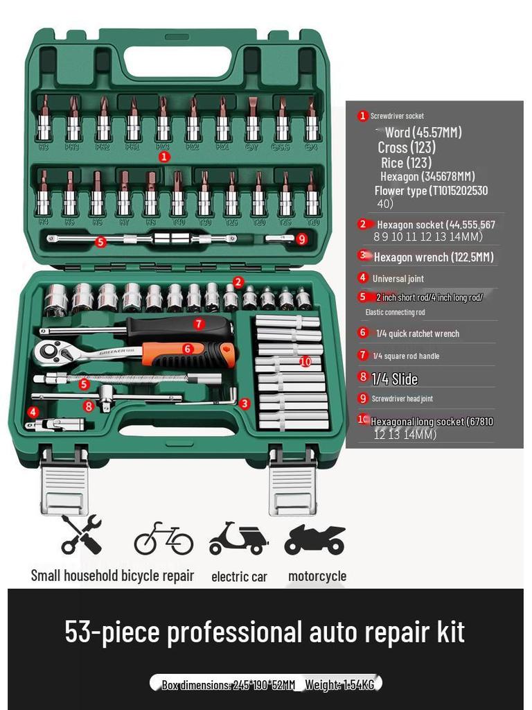 Green Forest Auto Repair Tool Set: Socket Wrench, Ratchet, Combination Tool Box.