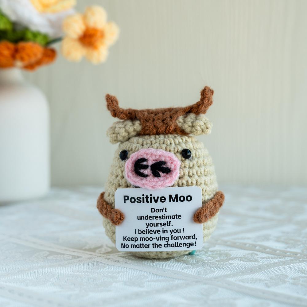 Funny Crochet Emotional Support Cow Doll With Card Desktop Ornament Handmade Knitted Positive Energy Cow Doll Christmas Gifts
