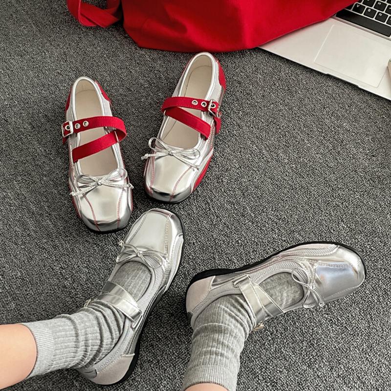 Fashion Designer Silvery Butterfly-knot Women Flats Shoes Square Toe Eelgant Soft Sole Mary Jane Shoes