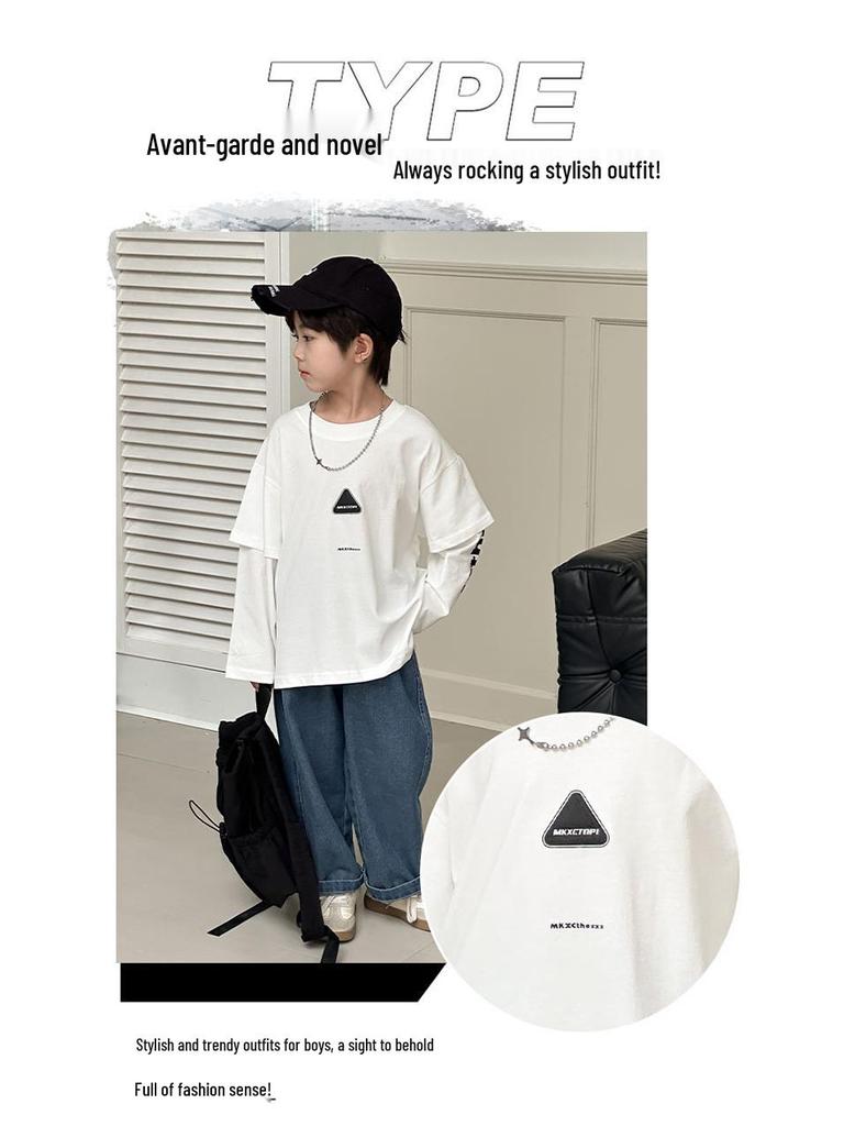 Boys' Trendy Hip-Hop Sweatshirt 2025: Autumn Style, Long-Sleeve Fake Two-Piece for Small and Medium Kids