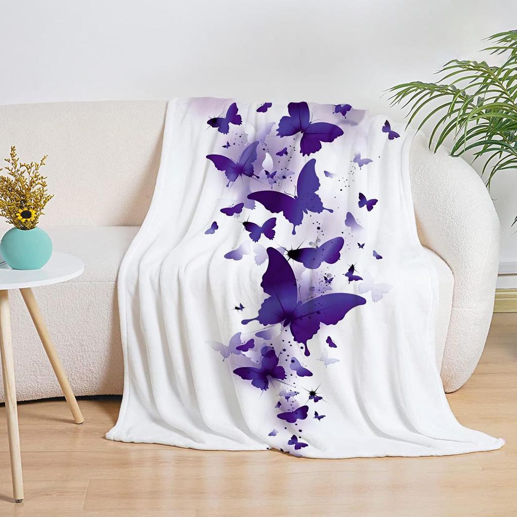 Purple Butterfly Flannel Blanket Watercolor Pattern Blanket Home Office Nap Blanket Air Conditioning Blanket