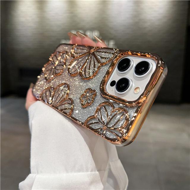 For iPhone 15 Pro Max Luxury Flash Glitter Flowers Plating Frame Phone Case For iPhone 11 12 13 14 15 16 Soft Protective Cover