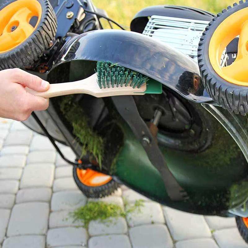 Heavy-Duty Lawn Mower Cleaning Brush with Scraper, Ergonomic Wooden Handle, Stiff Bristles, Lawn Mower Deck Scraper, Efficient