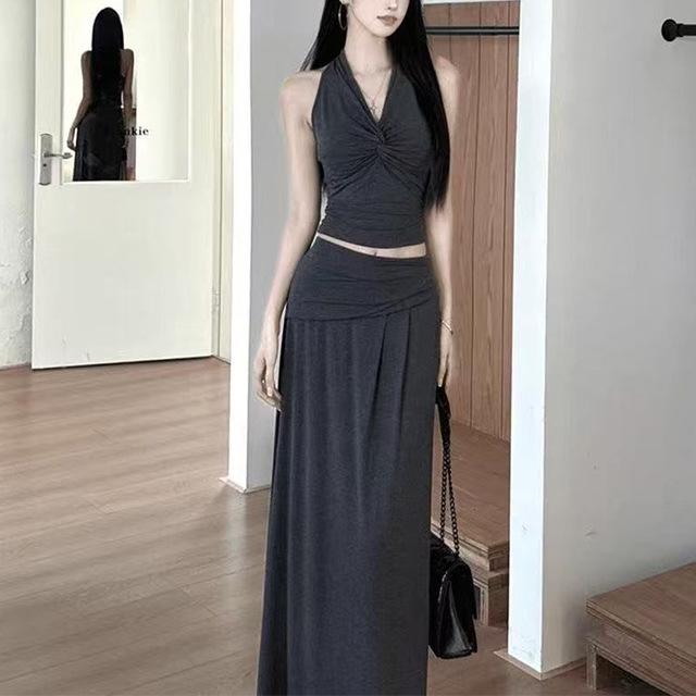 

Women s Retro Halter Top & Patchwork A-line Skirt Set Large серый