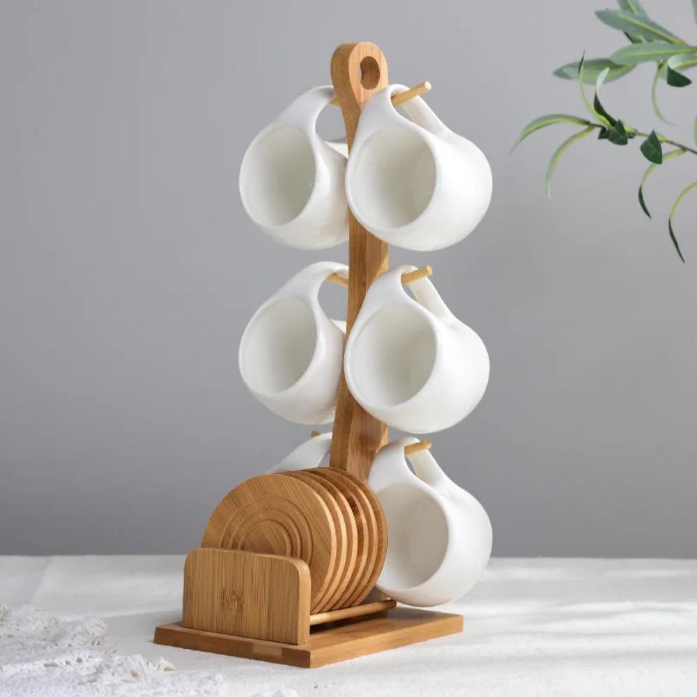200ml Ceramic Coffee Cup Household Mug Creative Simple Hanging Cold Water Cup Set Kitchen Restaurant Tea Set Bamboo Wood Stand