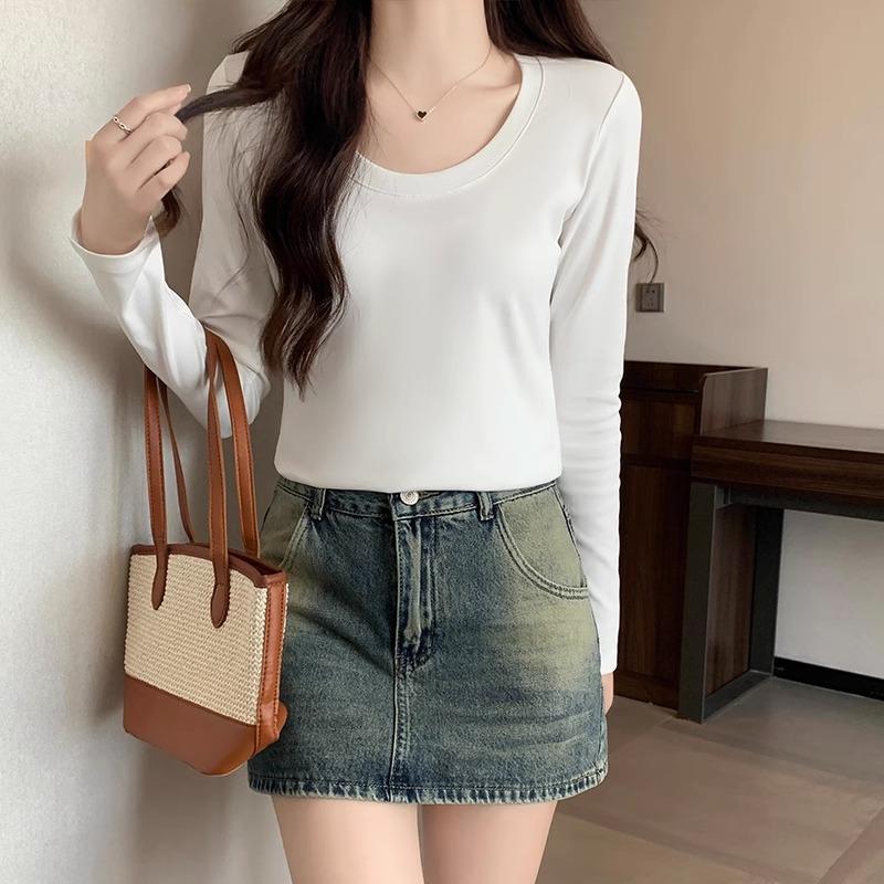 Basic Right-shoulder Long-sleeved T-shirt for Women In Autumn New Style Large Neckline Exposed Collarbone Bottoming Shirt Slim Fit Pure Cotton Top