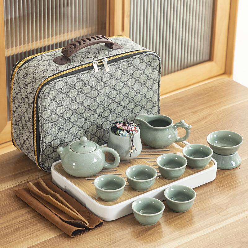 Travel ceramic Kung Fu tea set, tea tray, a full set of portable storage bags, practical business gifts for customers