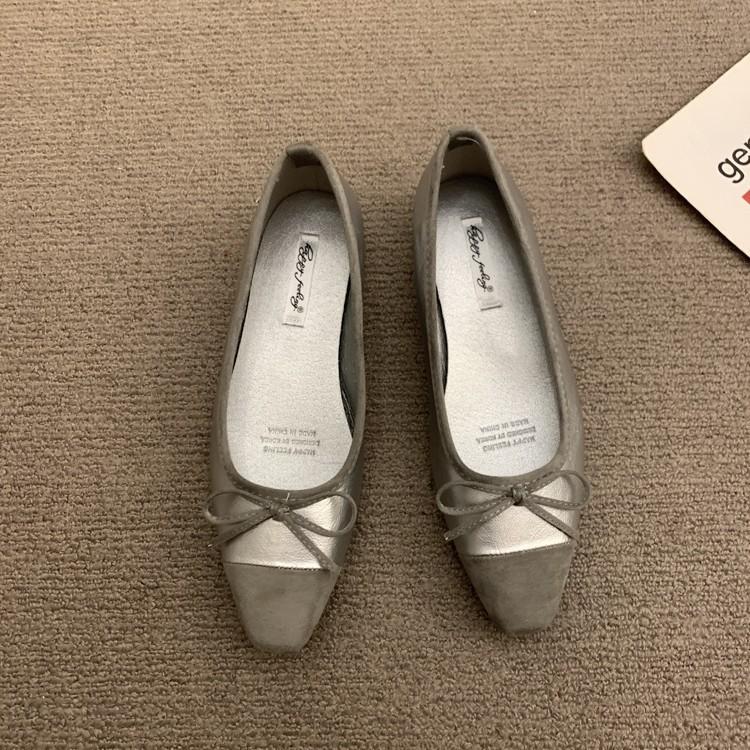 French Silver Bow Light Mouth Single Shoes Female Spring Retro Fairy Ballet Style Commuter Ladyshoes