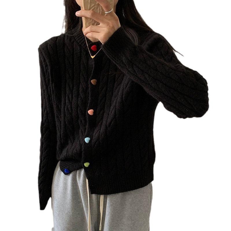 2025 Korean version autumn new solid color round neck knitted cardigan colored love buckle soft waxy loose sweater women's top