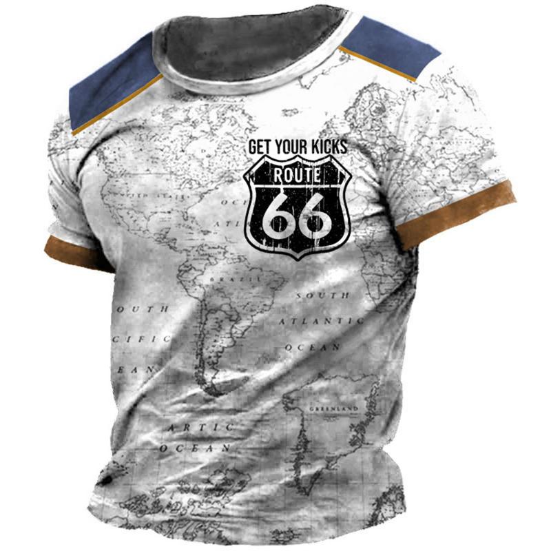 2023 Sommer T-Shirt Herren Vintage Print 3D American Route 66 T-Shirt Kurzarm Tee Tops Übergroßes Shirt Lockere Herrenbekleidung