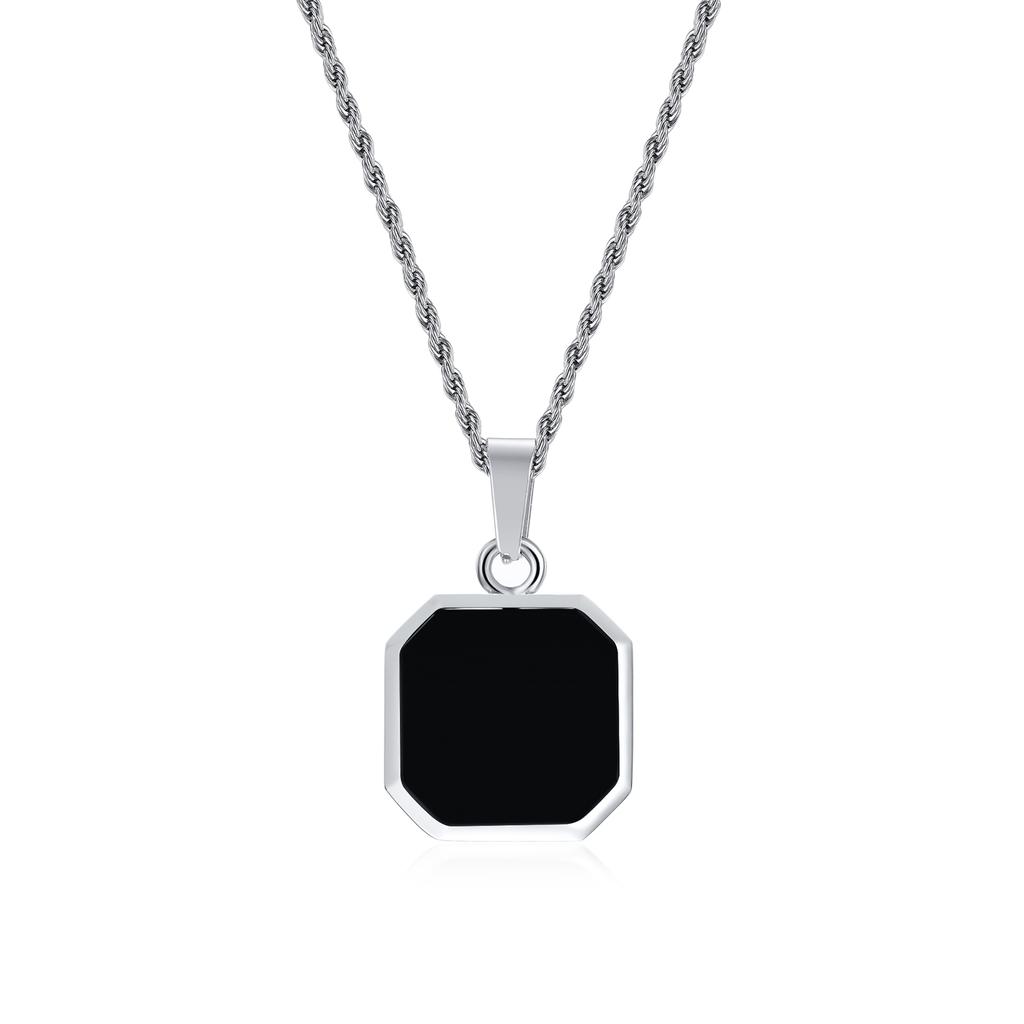 Initials Necklaces for Men Women,A-Z 26 Letters Black Square Stainless Steel Pendant Collar,45-60CM Twisted Rope Chain Gifts